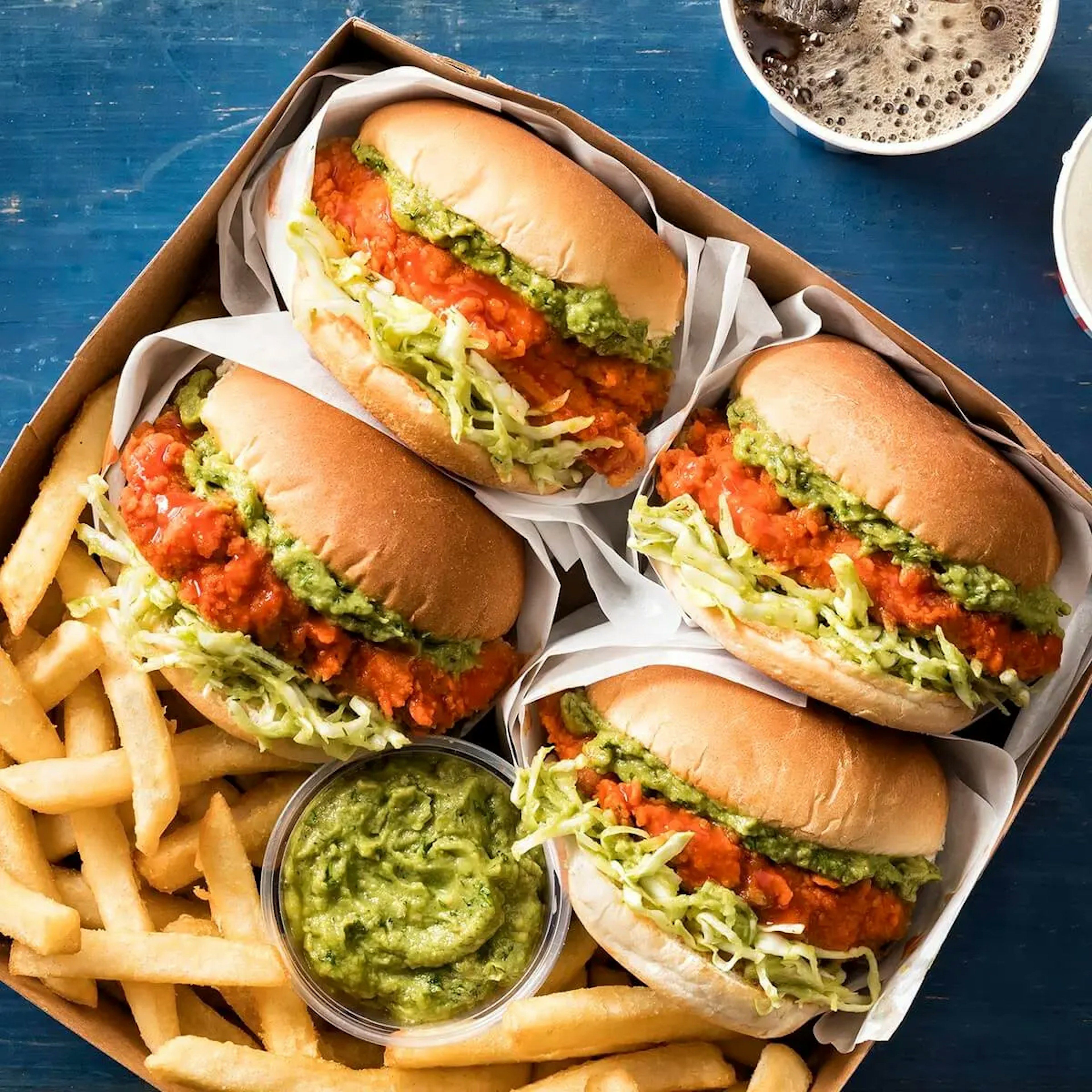 Crispy Buffalo Chicken Sandwich with Dill Avocado, Slaw and Fries Recipe Card