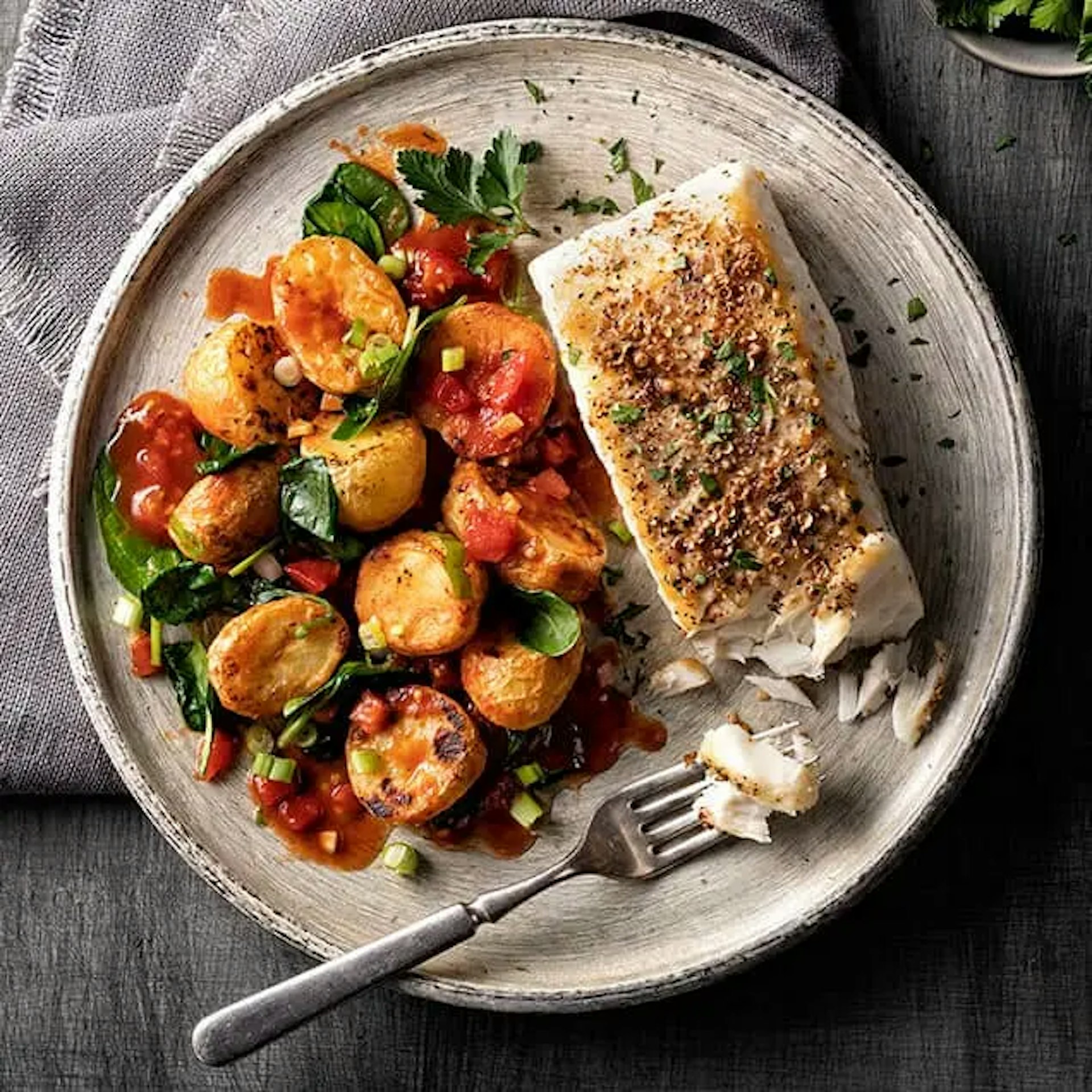 Roasted Baby Bakers™ Halves with Tomatoes and Spinach Recipe Card