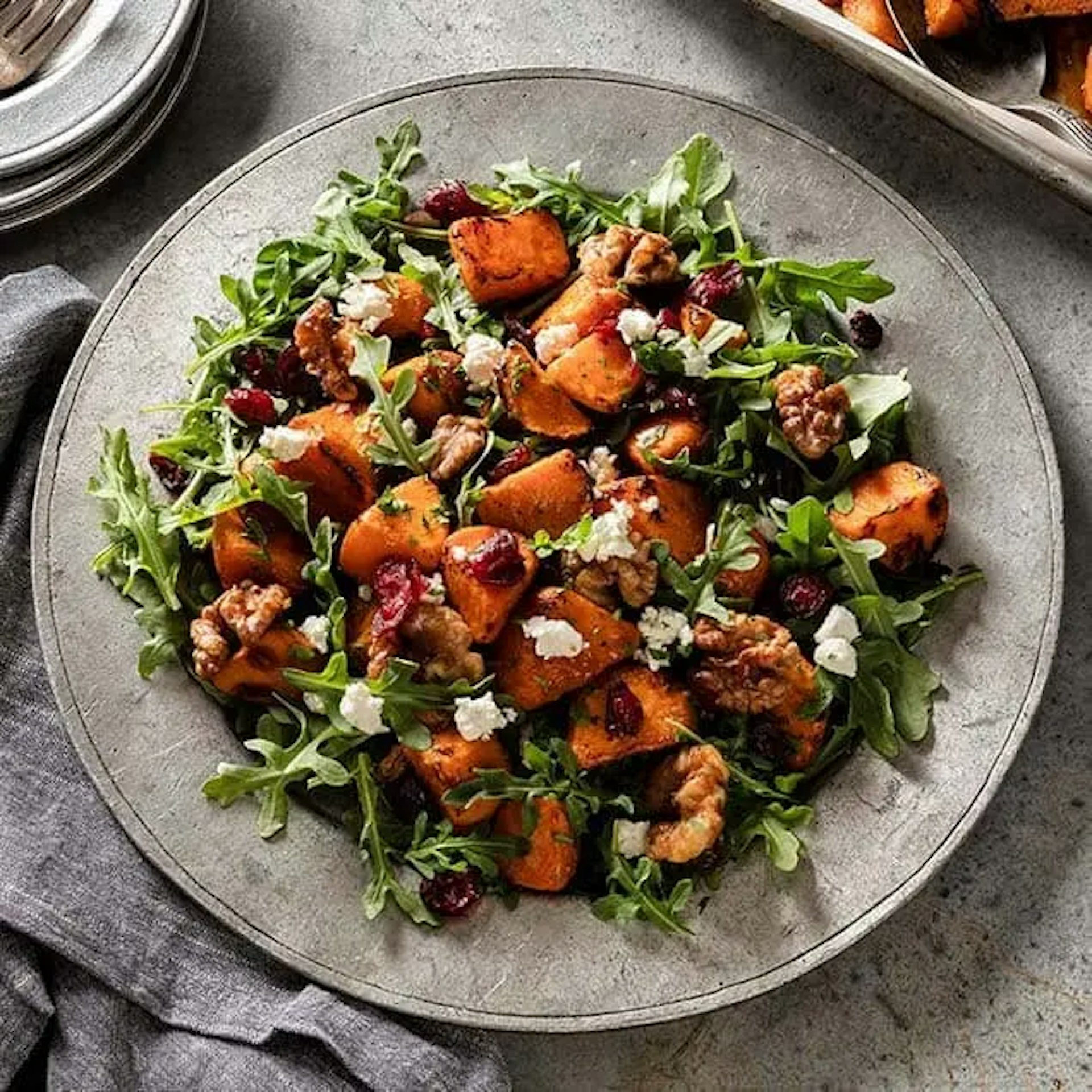 Maple, Bacon, Sweet Potato and Arugula Salad Recipe Card